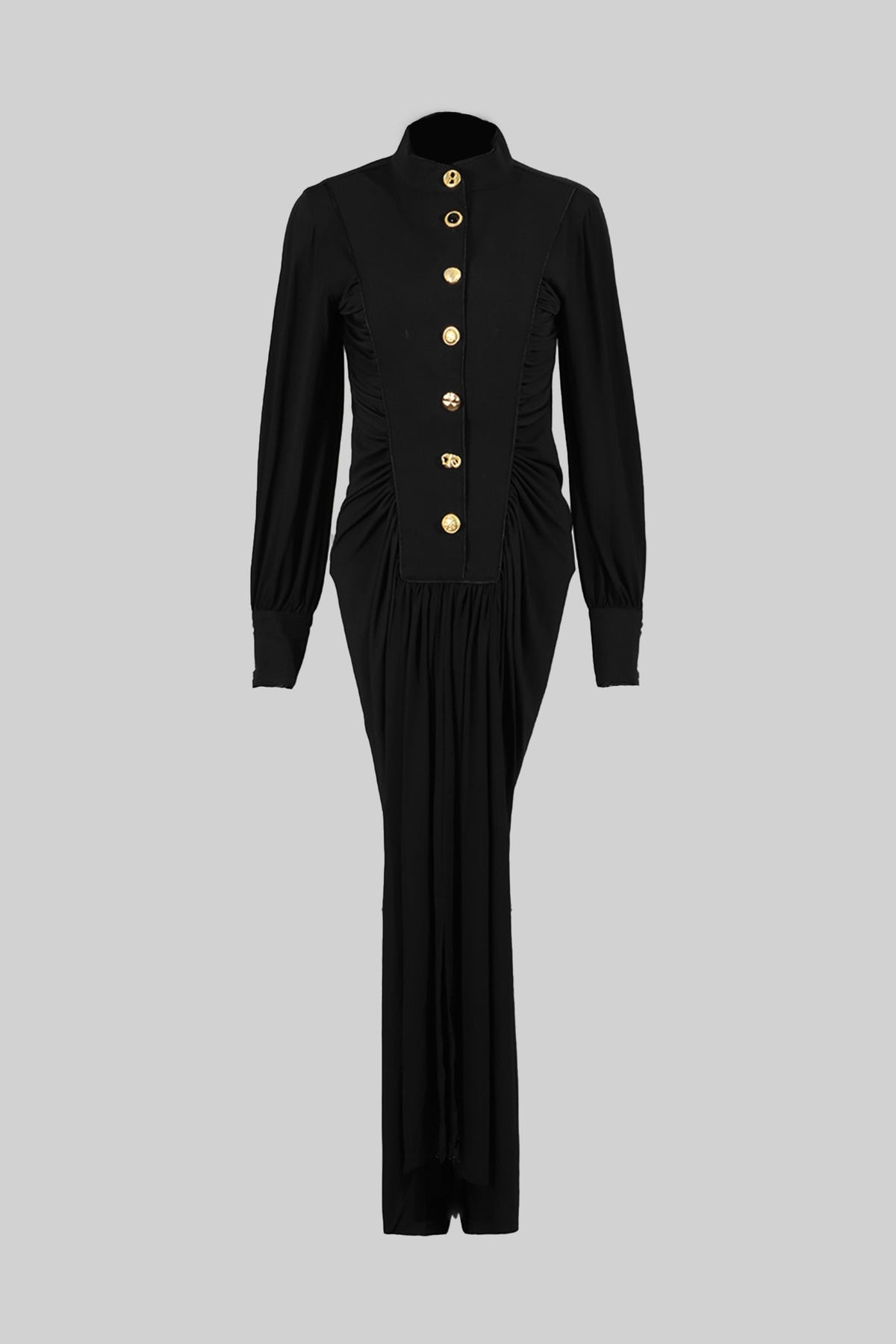 Ruched Maxi Gown Long Sleeve Mandarin Collar Metallic Button - View 9