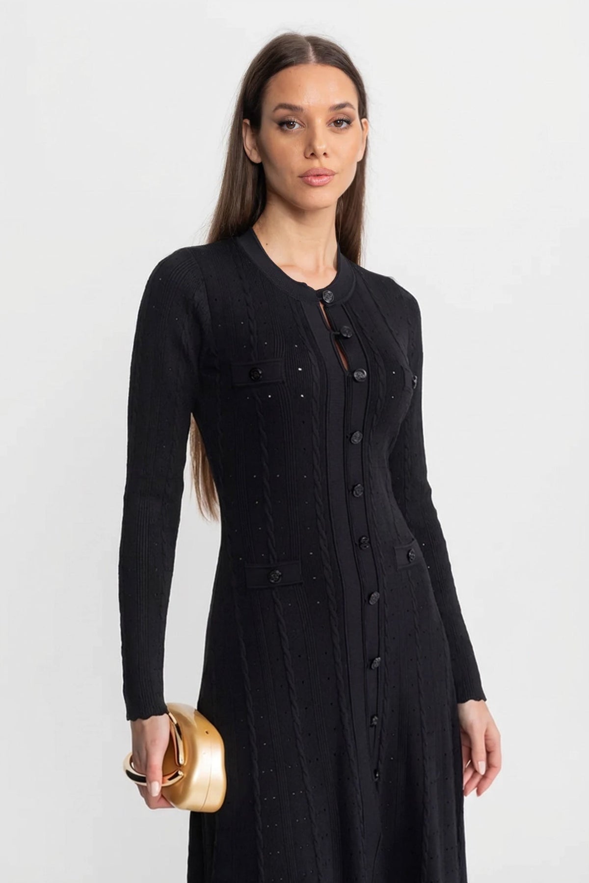 Knit Button-Front Midi Dress with Pointelle Detailing – Black - View 3