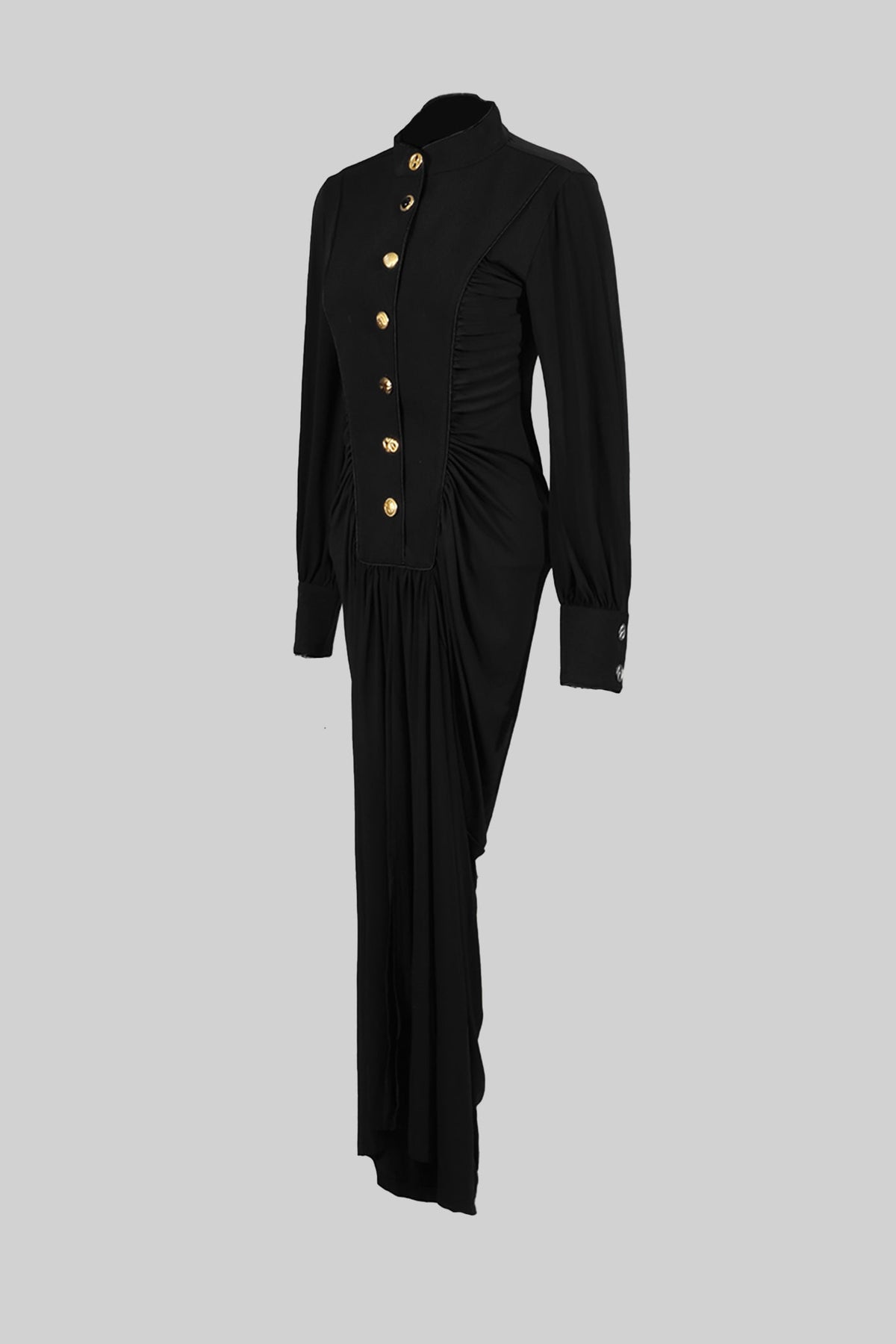 Ruched Maxi Gown Long Sleeve Mandarin Collar Metallic Button - View 10