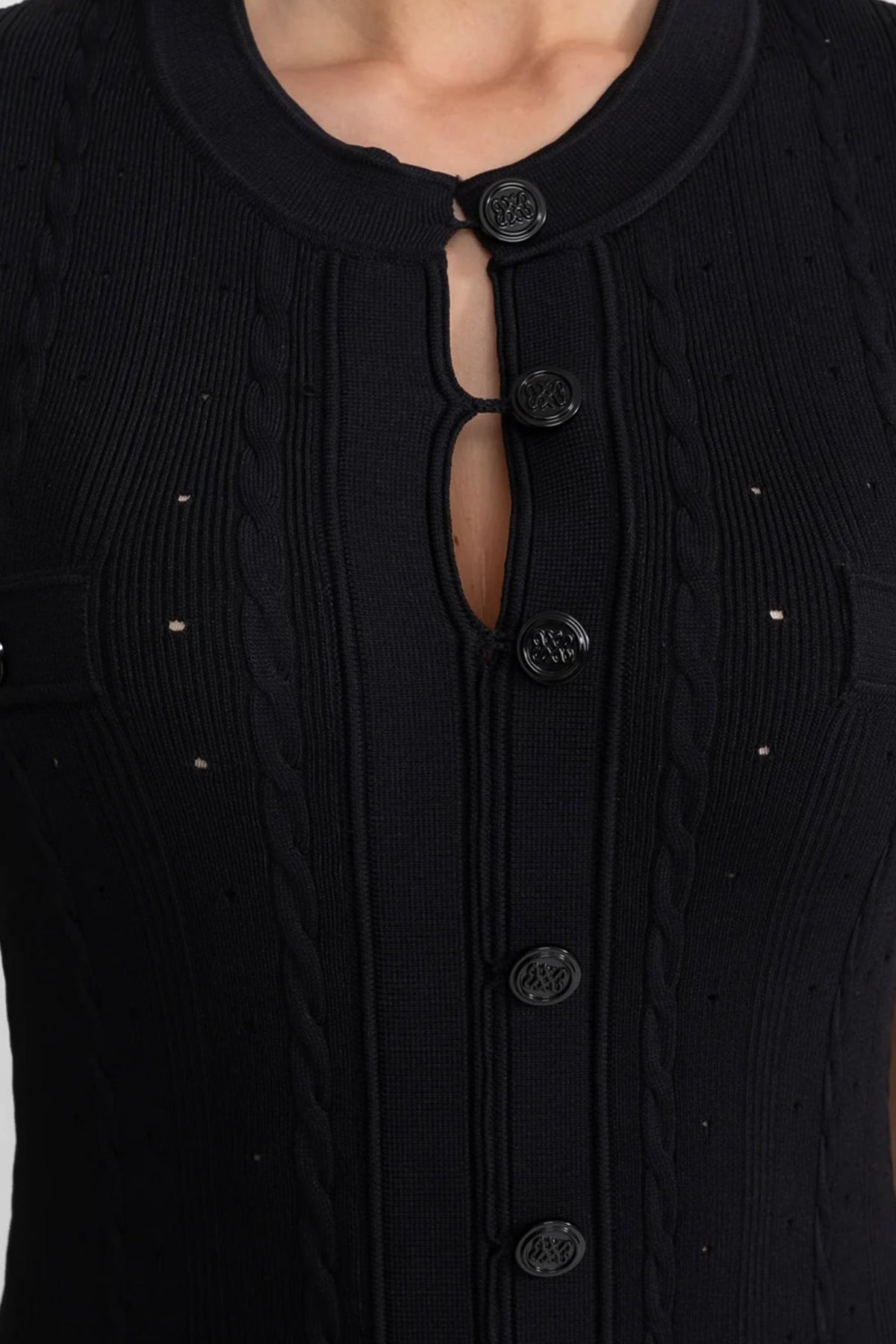 Knit Button-Front Midi Dress with Pointelle Detailing – Black - View 4