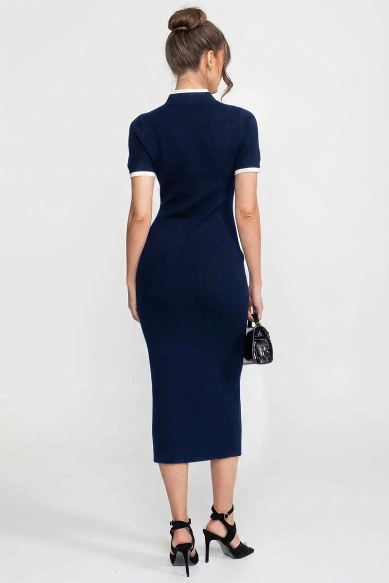 Ribbed Knit Midi Dress - Navy - View 5