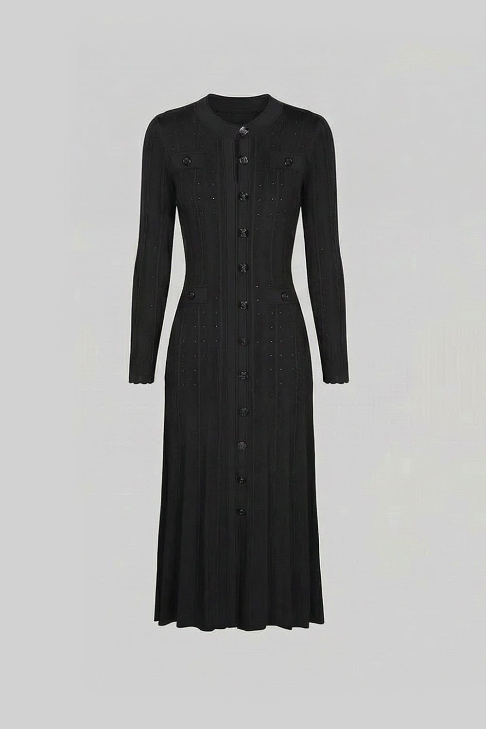 Knit Button-Front Midi Dress with Pointelle Detailing – Black - View 2