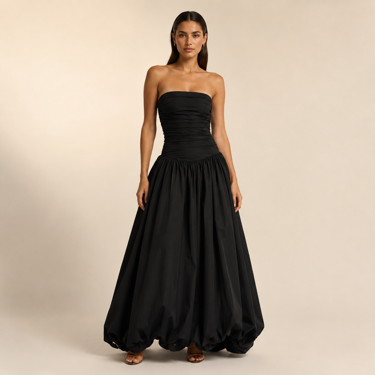 Strapless Ruched Drop Waist Bubble Hem Gown