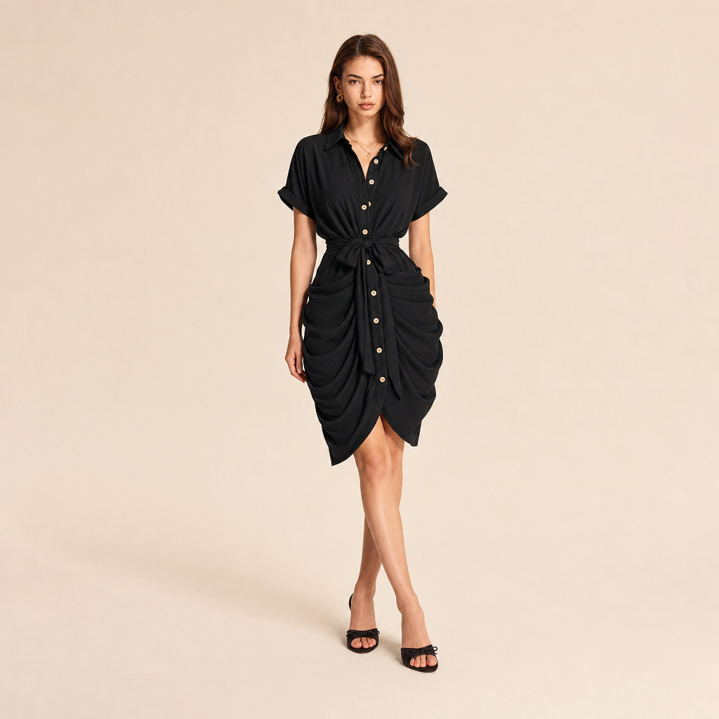 Collared Short Sleeve Tie Front Ruched Shirt Dress 4