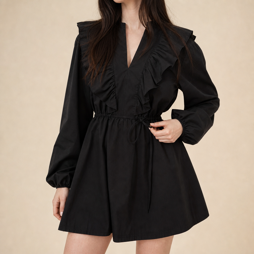 V-Neck Long Sleeve Ruffle Trim Fit and Flare Mini Dress 2