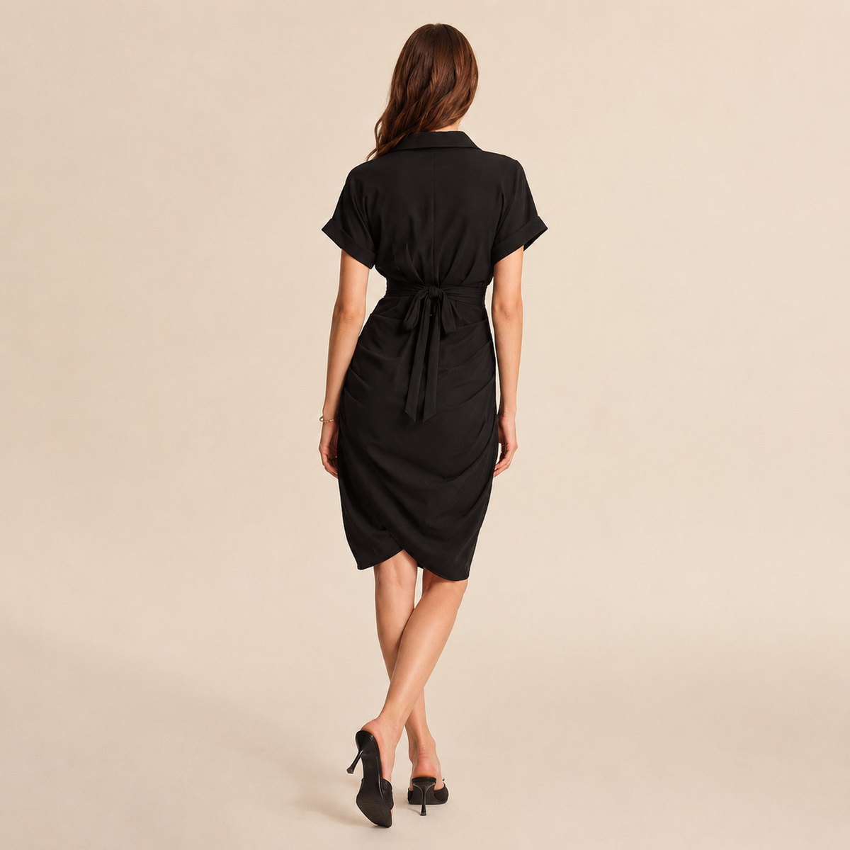 Collared Short Sleeve Tie Front Ruched Shirt Dress 6