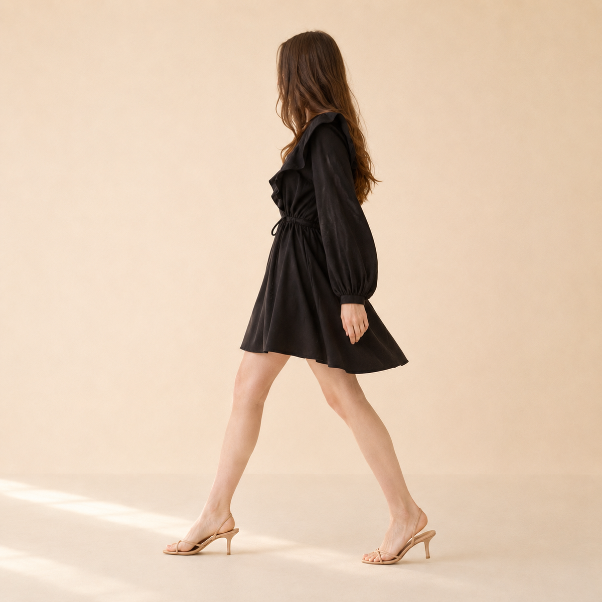 V-Neck Long Sleeve Ruffle Trim Fit and Flare Mini Dress 5