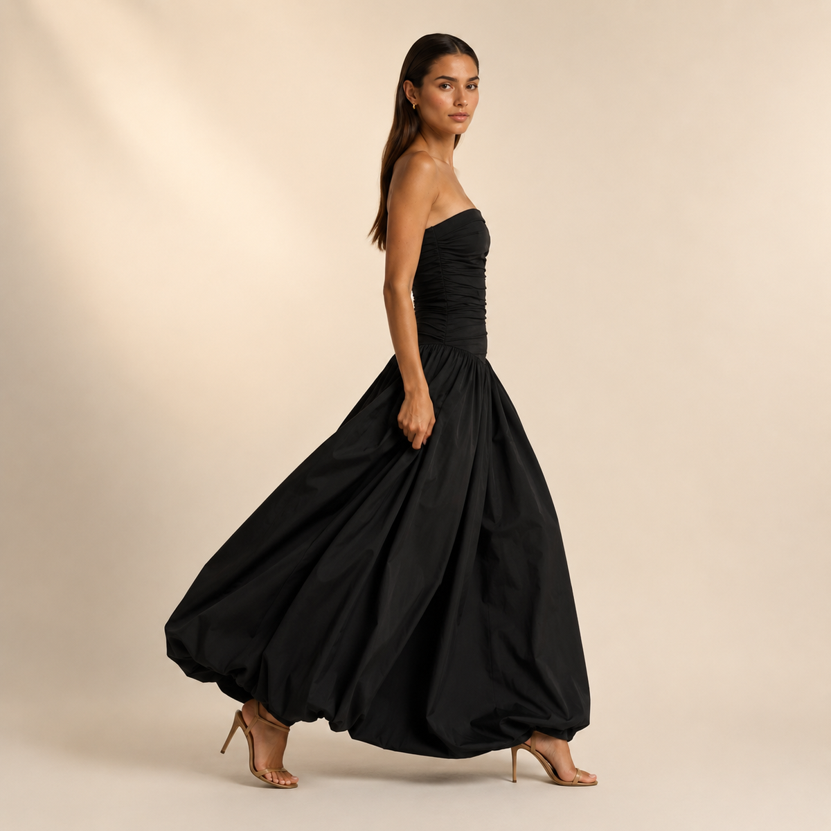 Strapless Ruched Drop Waist Bubble Hem Gown 5