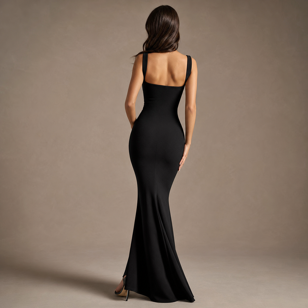 Square Neck Sleeveless Ruched High Split Fishtail Maxi Gown 3