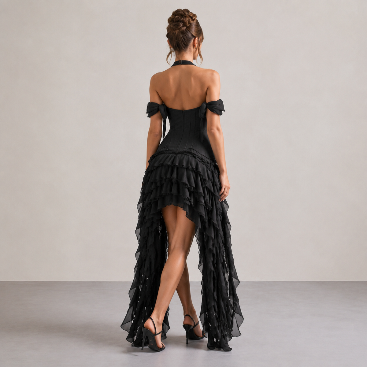 Halter Neck Off Shoulder Corset Ruffle High Low Maxi Dress 3