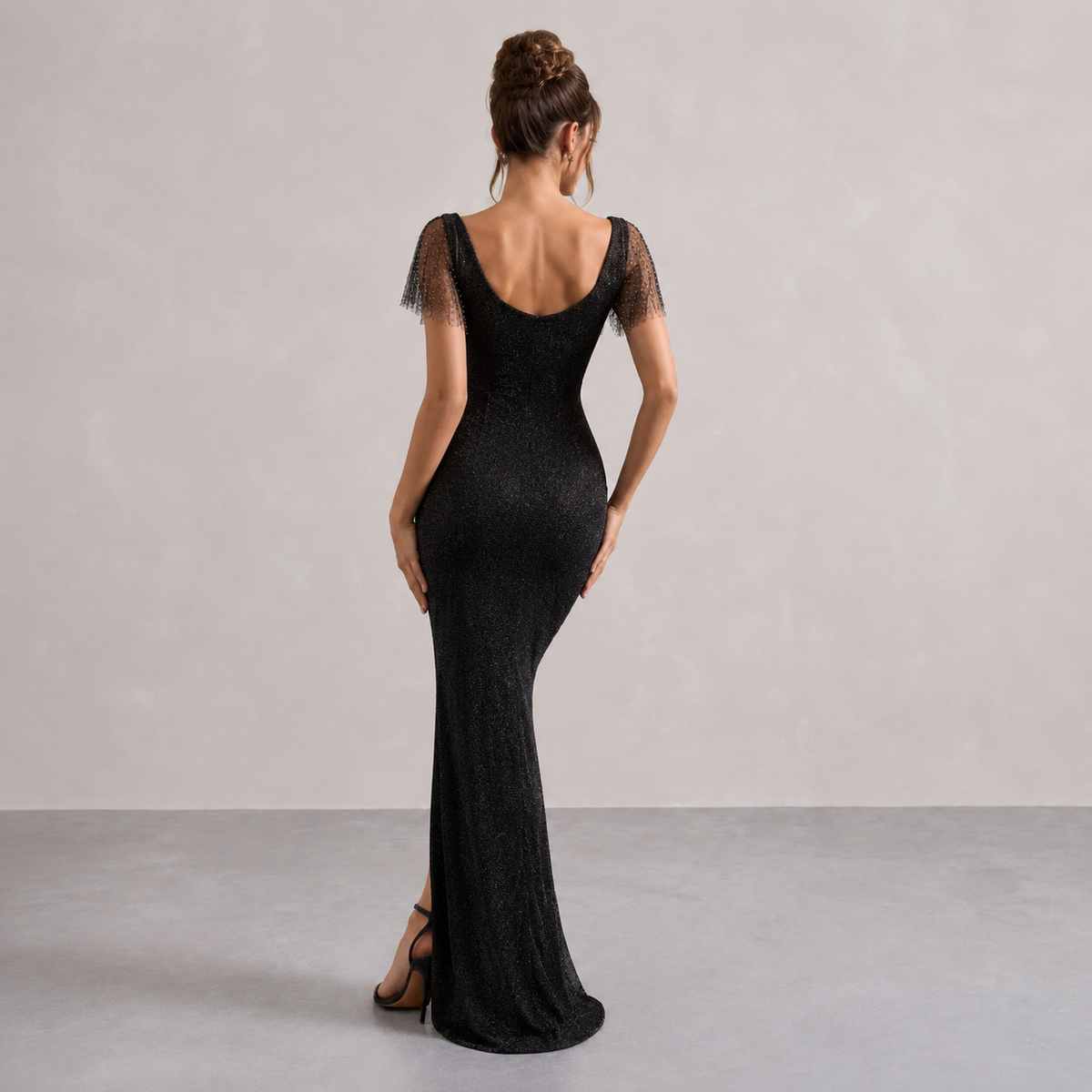 Sweetheart Flutter Sleeve Ruched High Split Glitter Maxi Gown 3