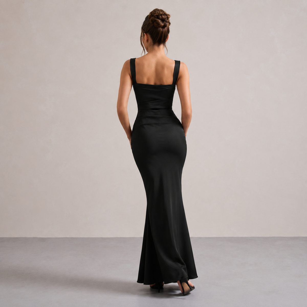 Square Neck Ruched Satin Fishtail Maxi Dress 3