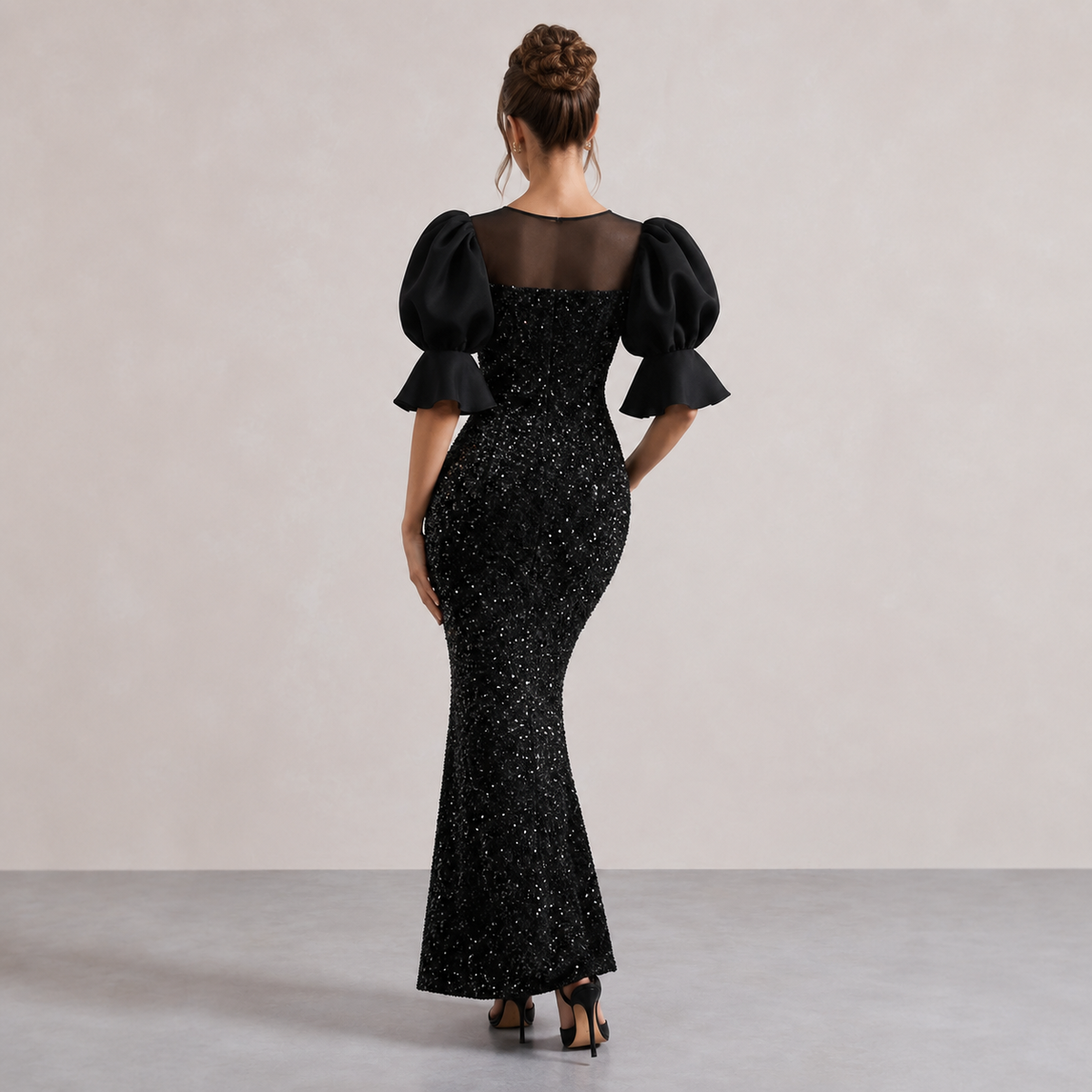 Illusion Neck Puff Sleeve Sequin Mermaid Gown 3