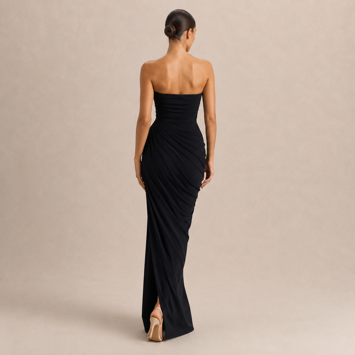 Strapless Ruched Draped High Split Maxi Gown 3