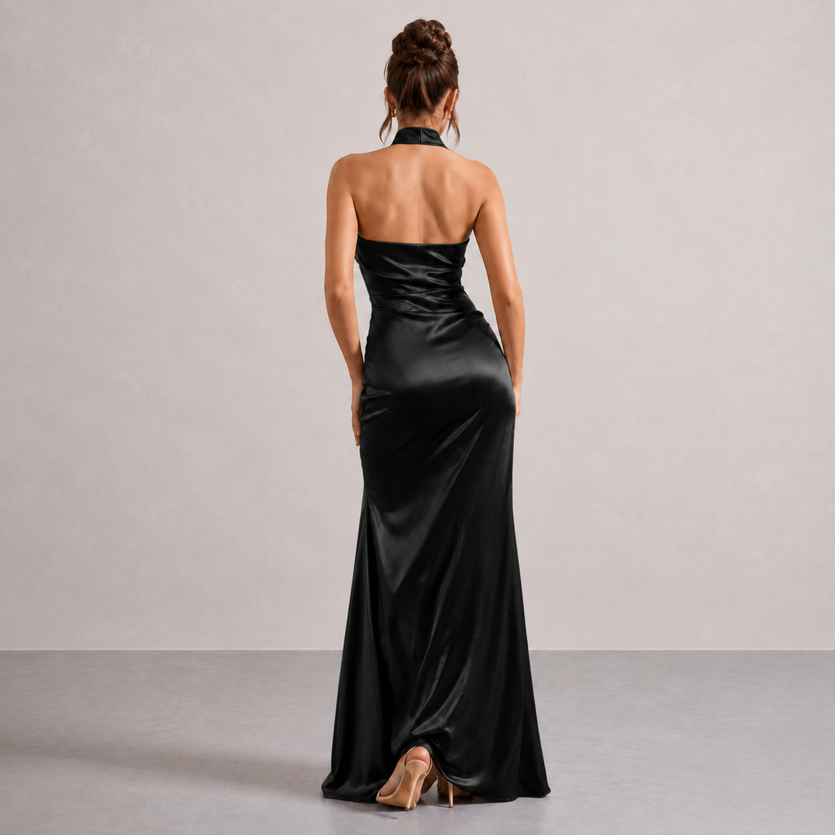 Satin Halter Neck Ruched High Split Mermaid Maxi Dress 3