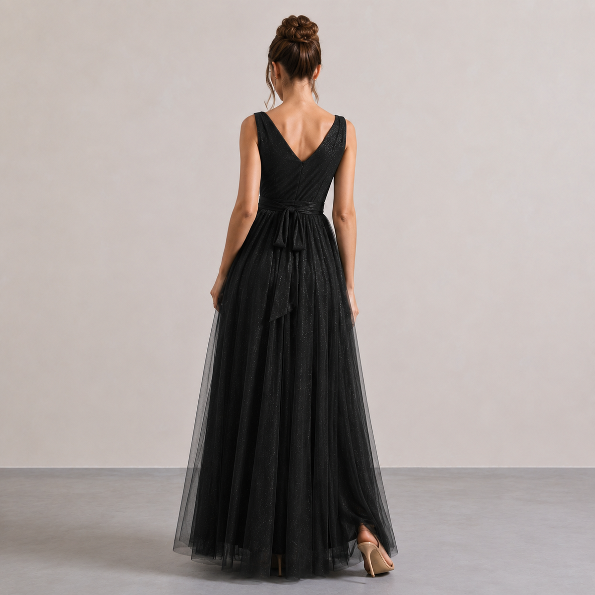 V-Neck Sleeveless Glitter High Split A-Line Maxi Gown 3