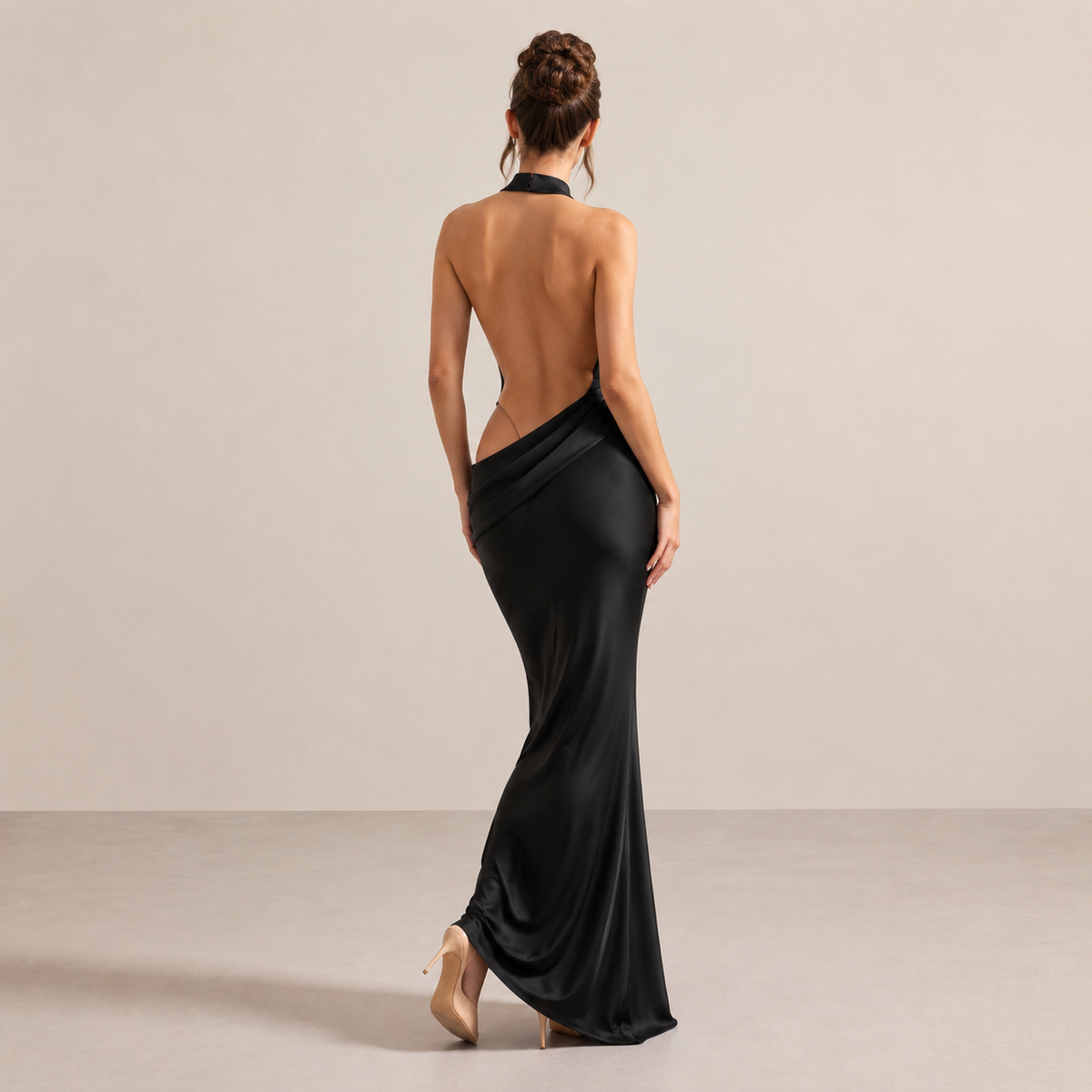 High Neck Cut Out Draped Satin Maxi Gown 3
