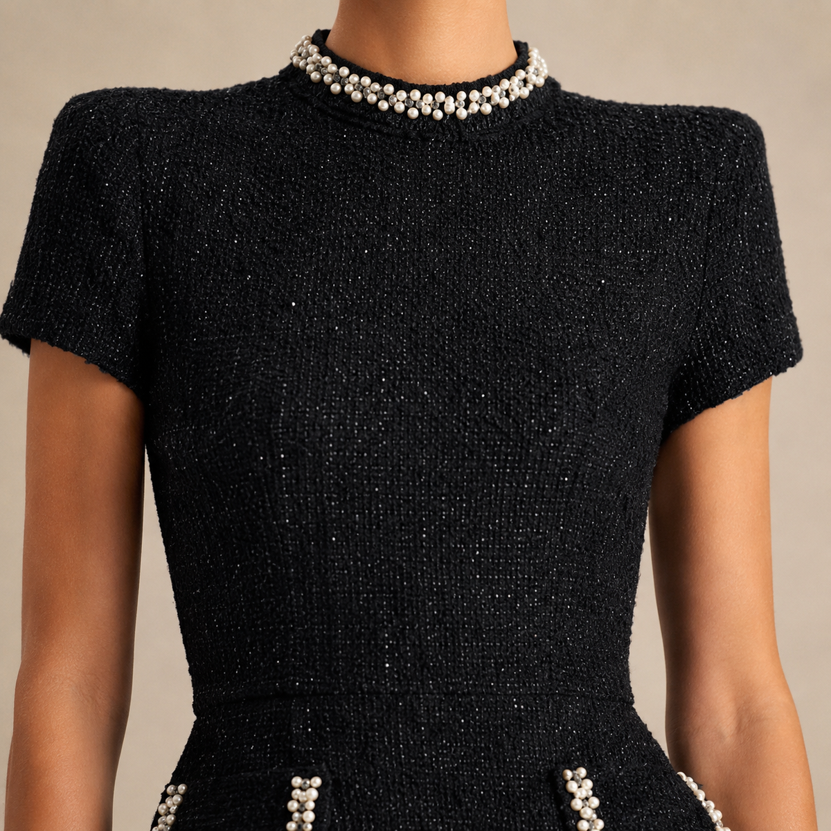 High Neck Short Sleeve Pearl Trim Tweed Mini Dress 2