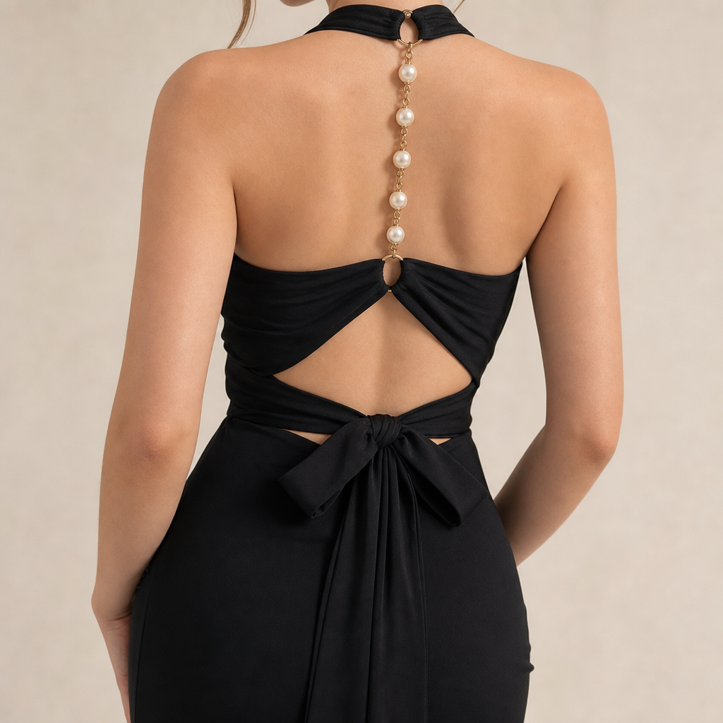 Halter Neck Backless Ruched Fishtail Maxi Gown 2
