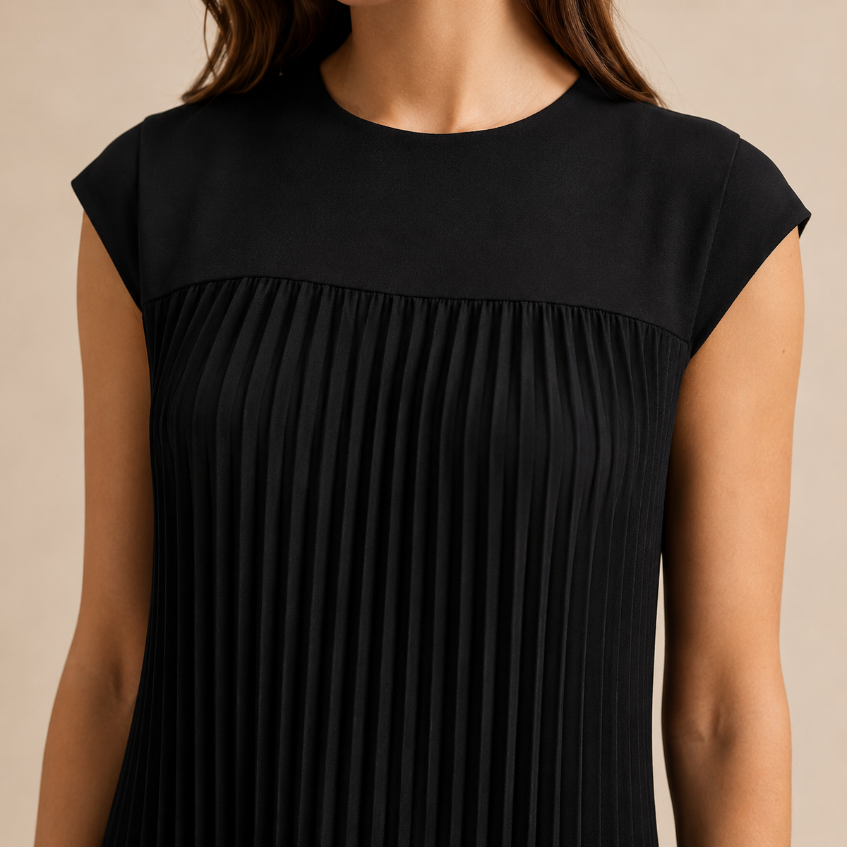 Crew Neck Cap Sleeve Pleated A-Line Maxi Dress 2