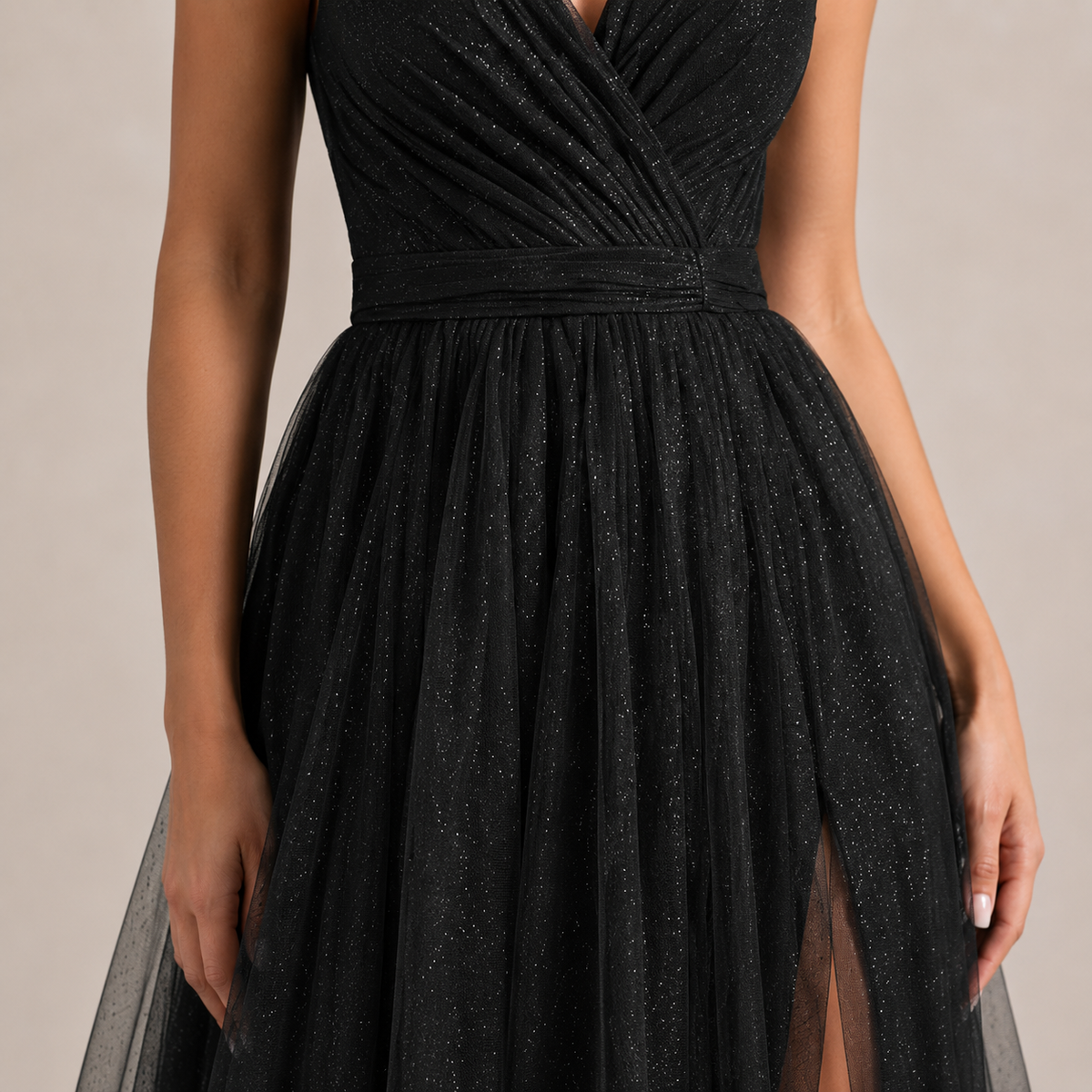 V-Neck Sleeveless Glitter High Split A-Line Maxi Gown 2