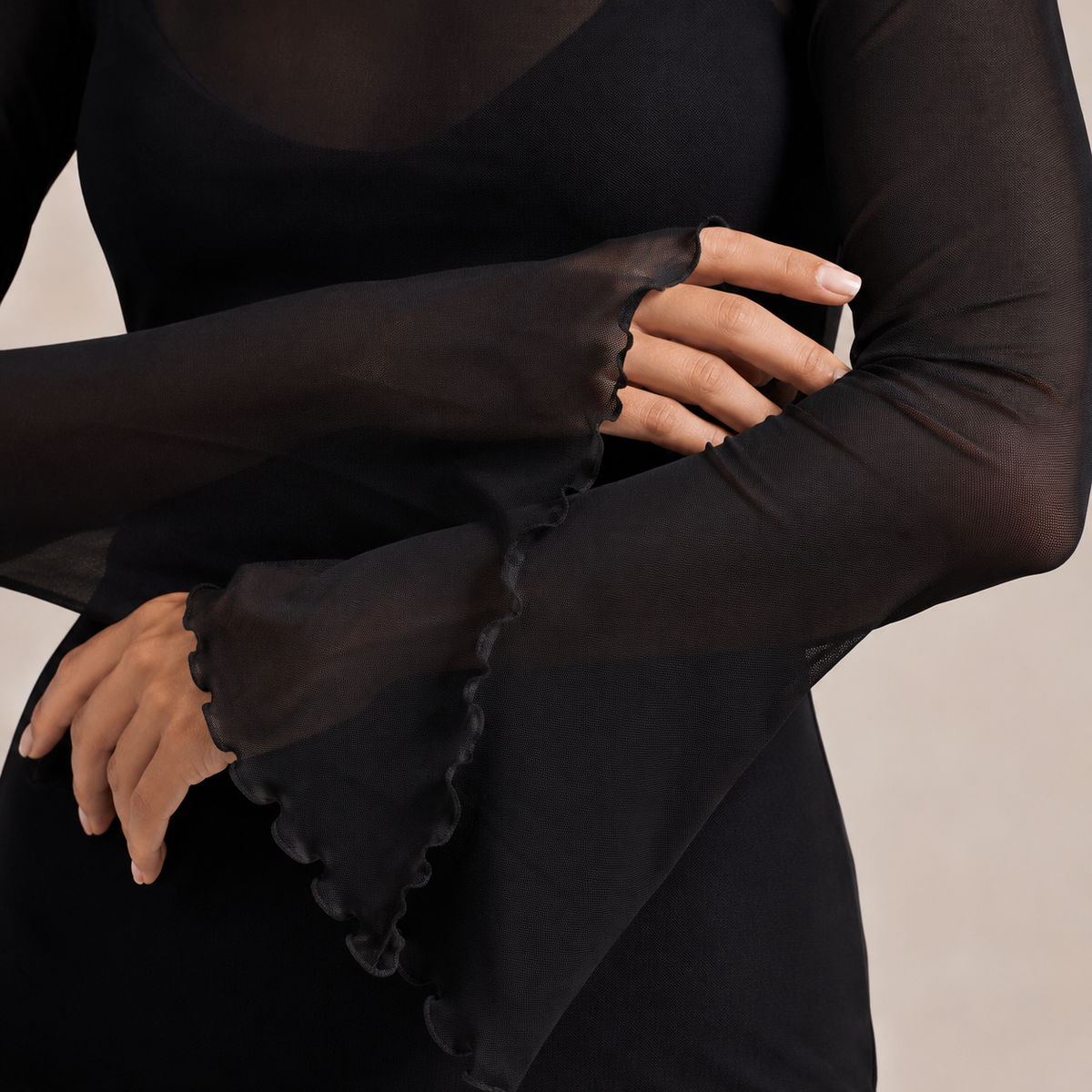 Round Neck Bell Sleeve Sheer Mesh Bodycon Mini Dress 2