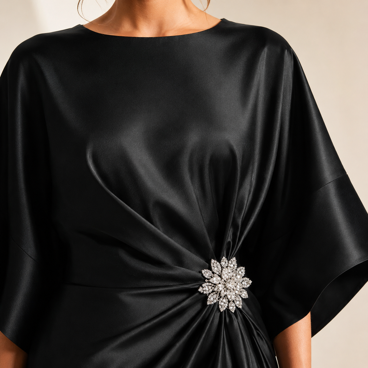 Round Neck Batwing Sleeve Brooch Ruched Satin Maxi Gown 2
