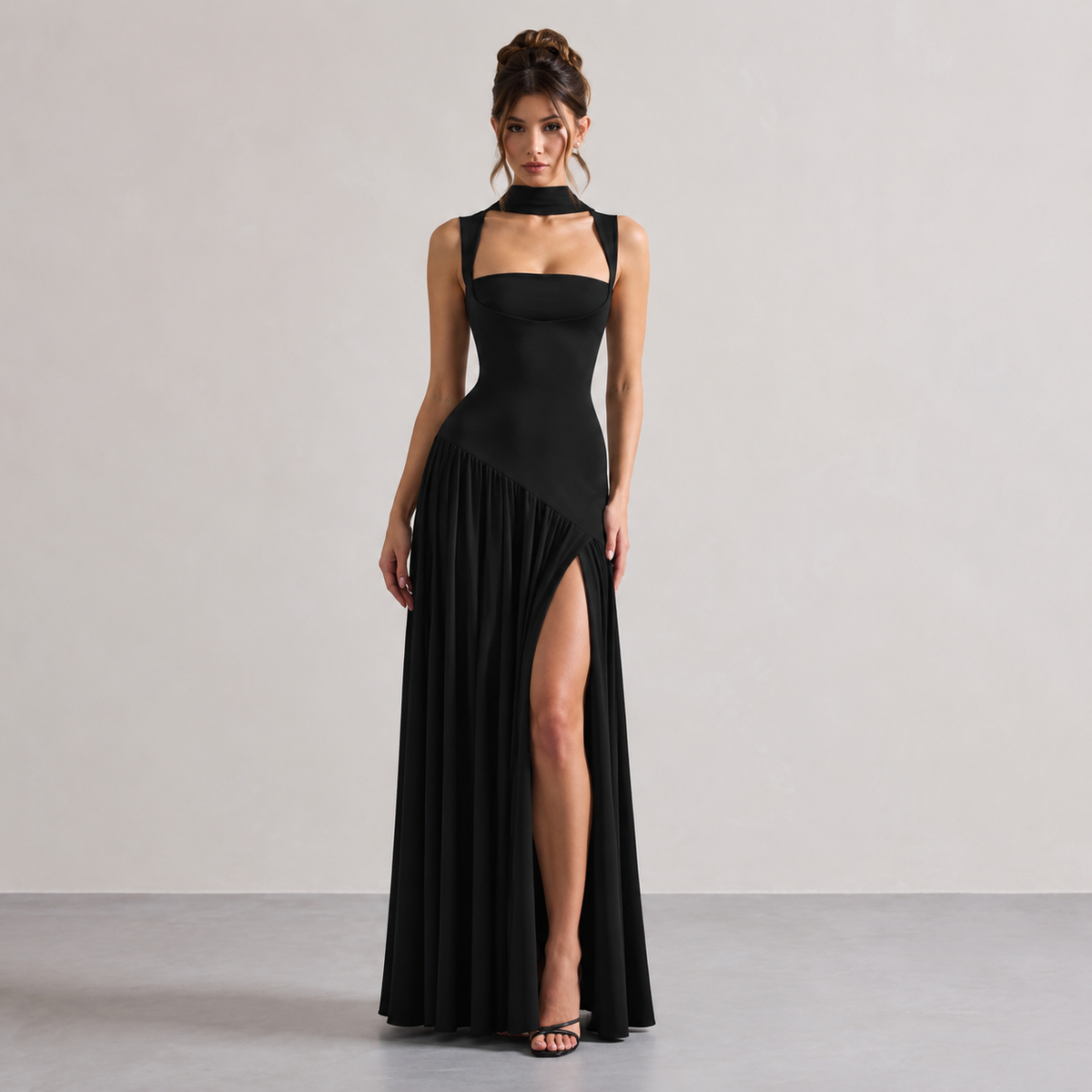 High Neck Choker Cut Out High Split Maxi Dress