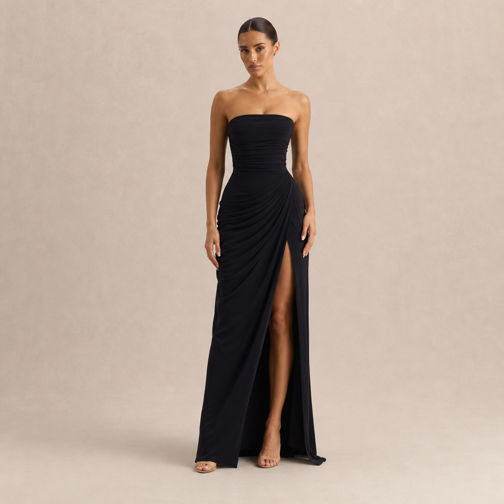 Strapless Ruched Draped High Split Maxi Gown
