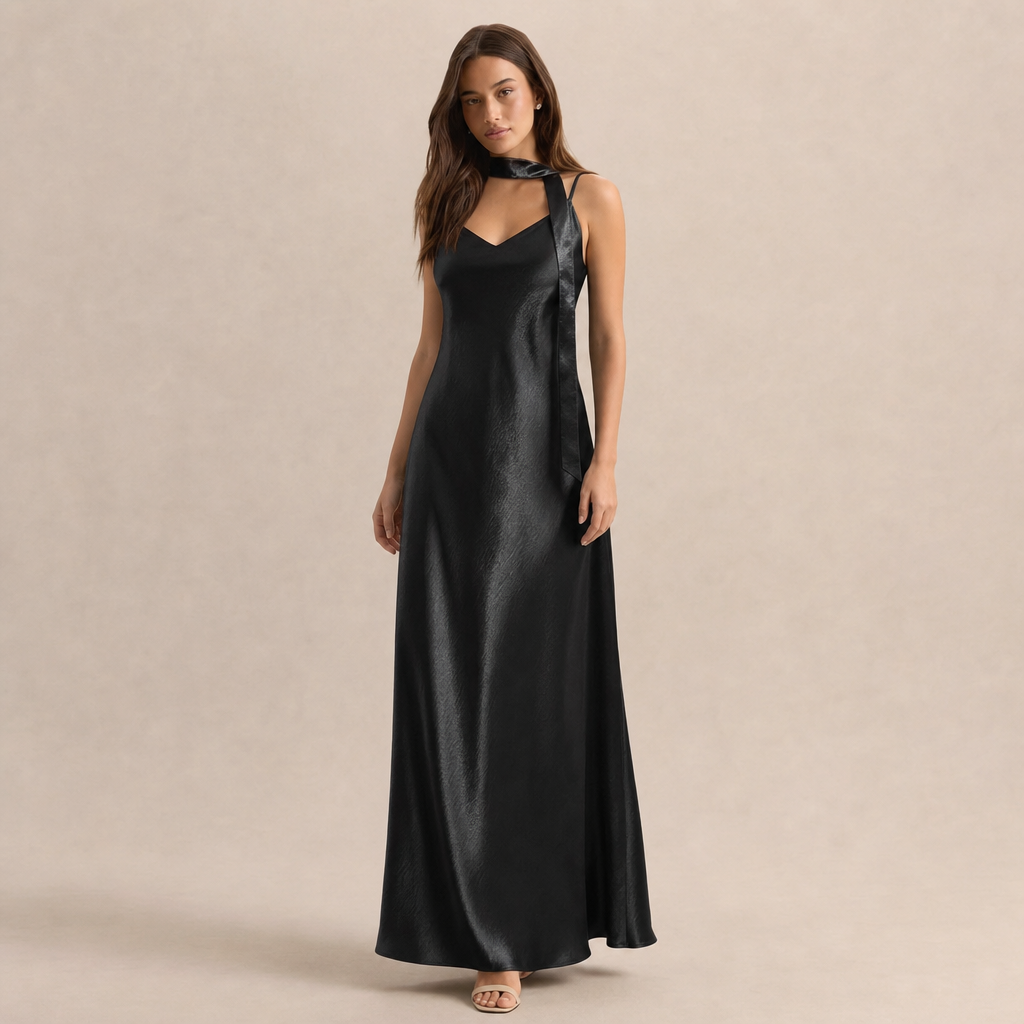 Scarf Neck V-Neck Satin Bias Slip Maxi Dress