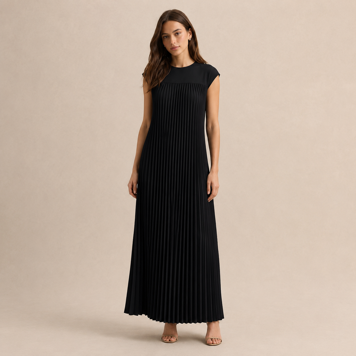 Crew Neck Cap Sleeve Pleated A-Line Maxi Dress