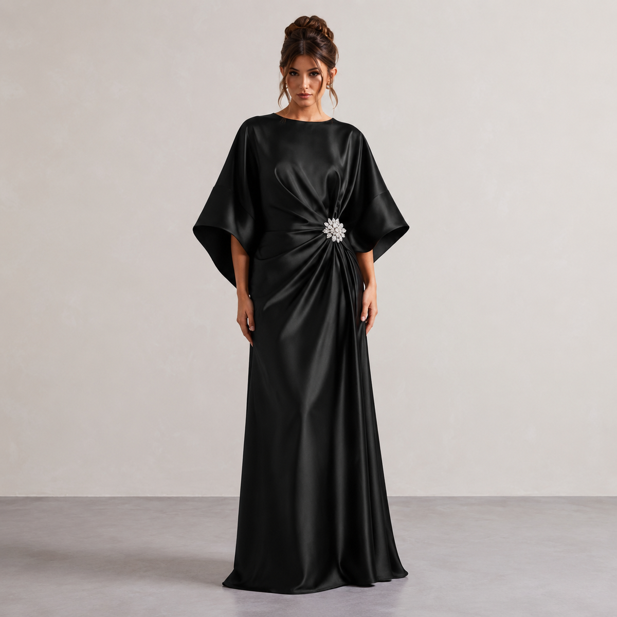 Round Neck Batwing Sleeve Brooch Ruched Satin Maxi Gown