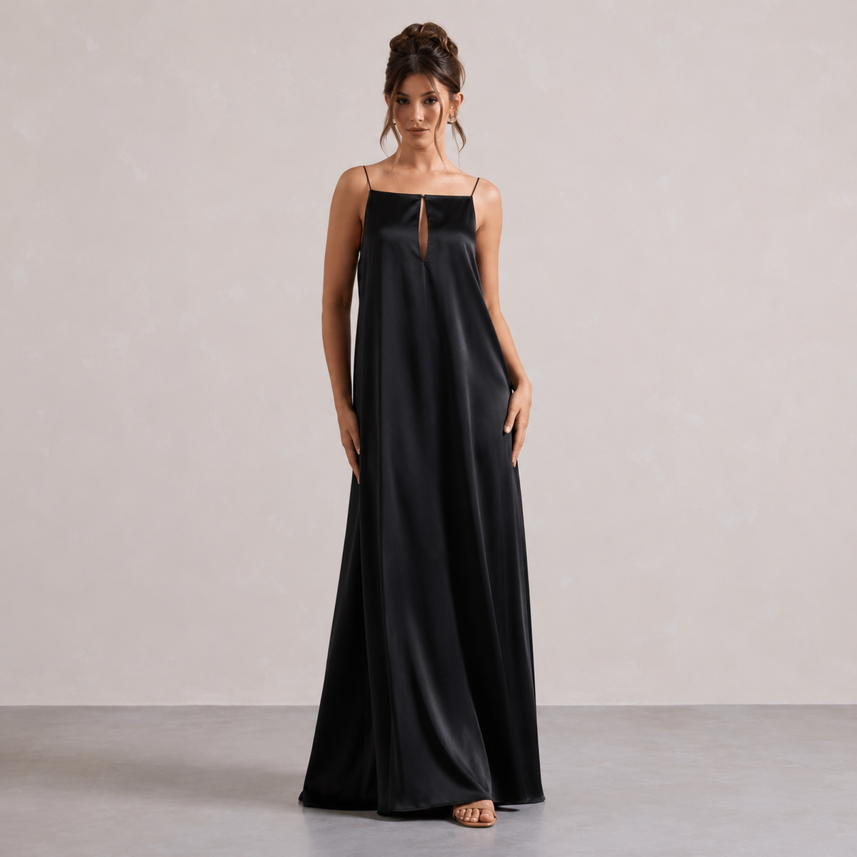 Satin Square Neck Keyhole Slip Maxi Dress