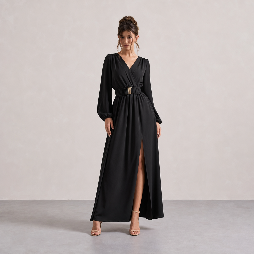 V-Neck Wrap Long Sleeve Belted High Split Maxi Dress 4