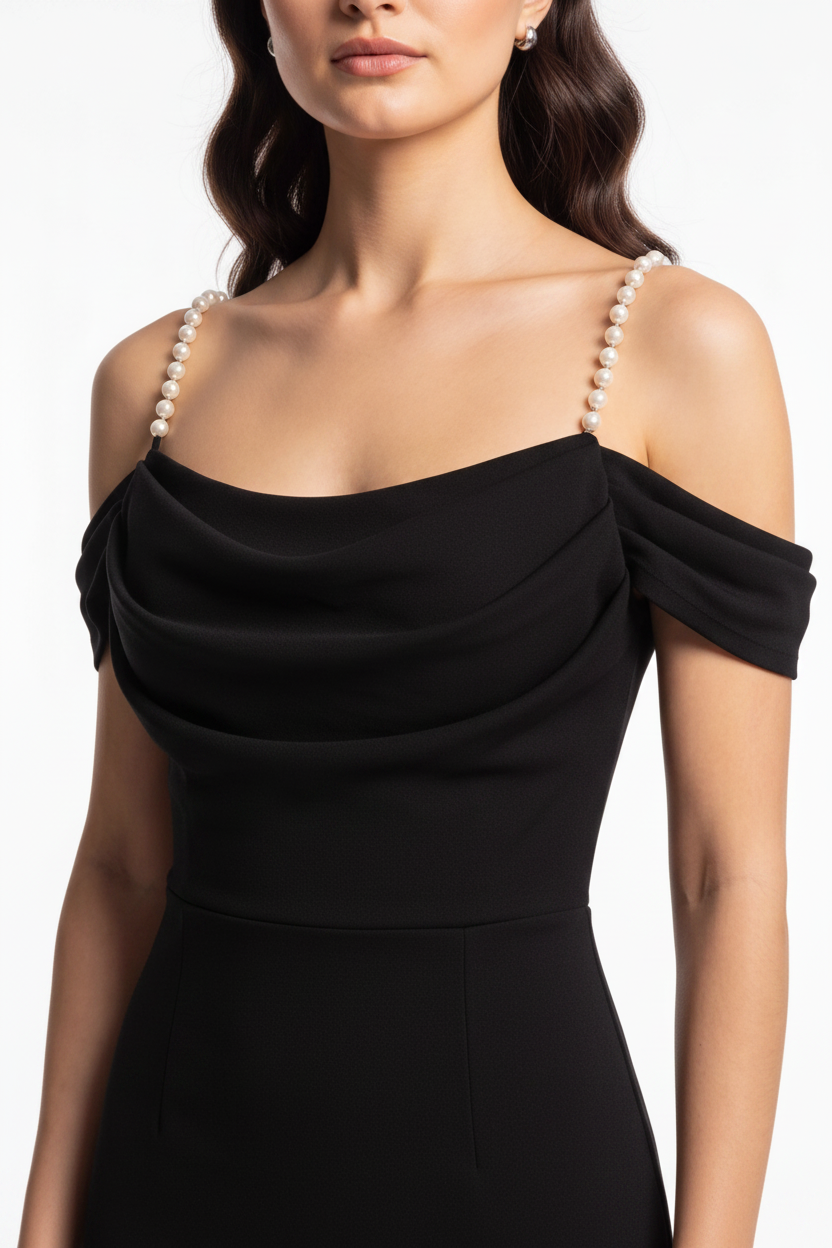 Cowl Neck Off Shoulder Pearl Strap High Split Bodycon Maxi Dress - View 11