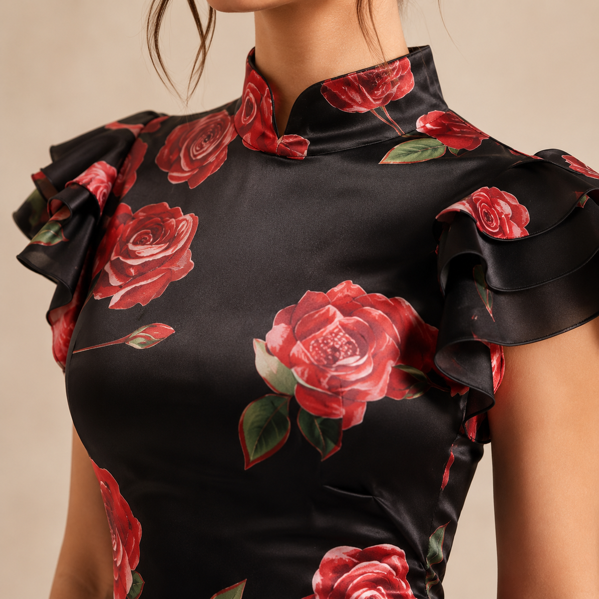 Rose Floral Mandarin Collar Ruffle Sleeve Fishtail Maxi Dress 2