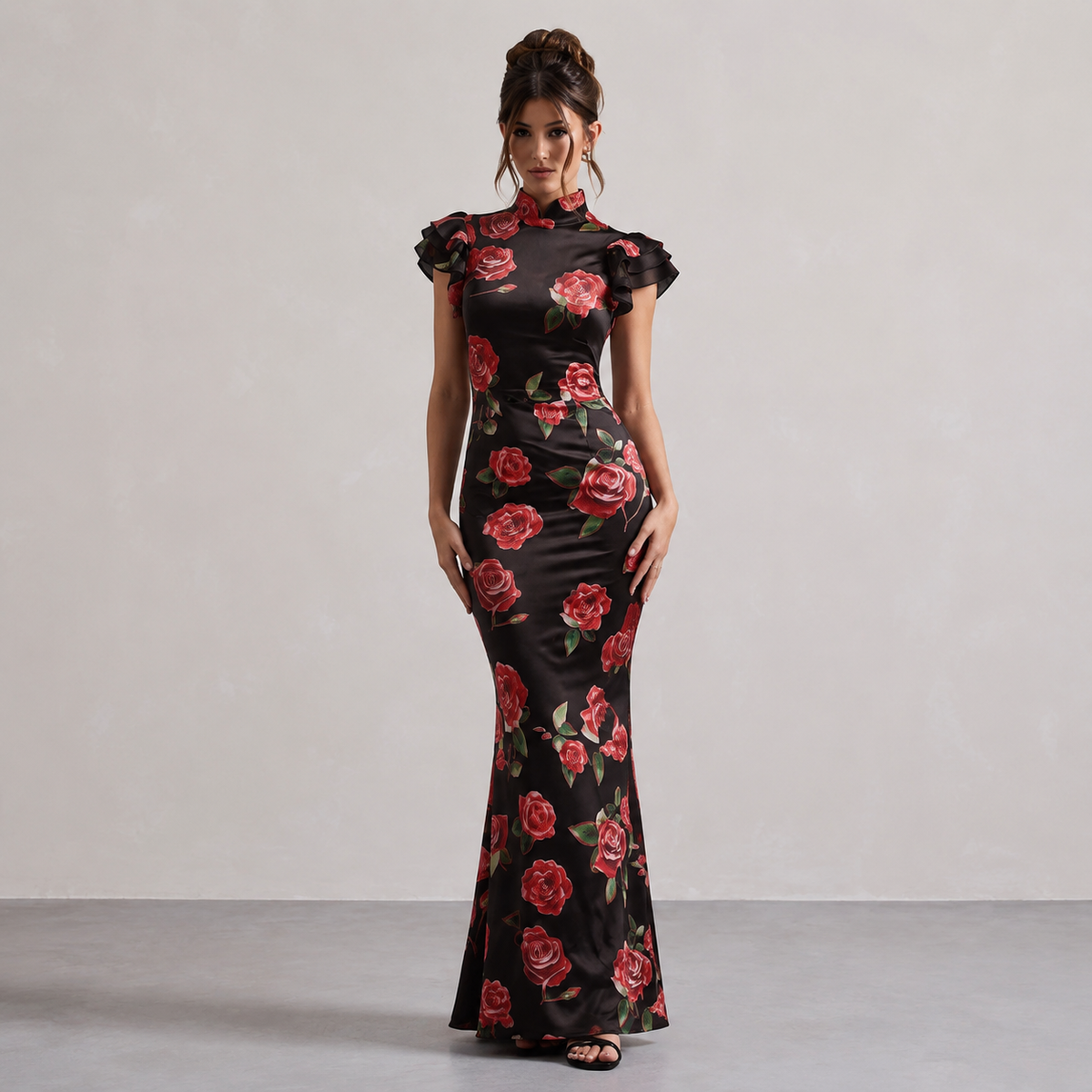 Rose Floral Mandarin Collar Ruffle Sleeve Fishtail Maxi Dress