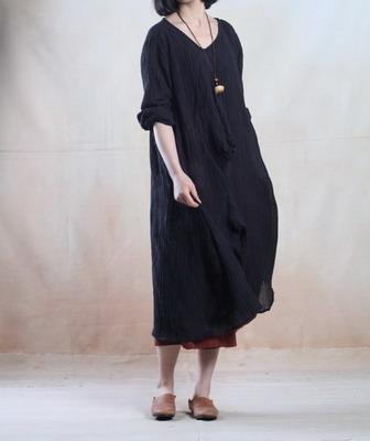 Crinkle Linen V-Neck Long Sleeve Kaftan Maxi Dress