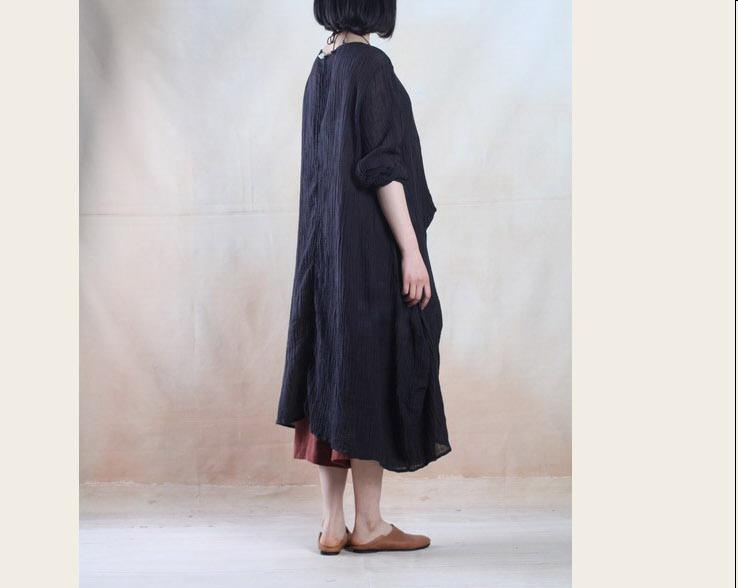 Crinkle Linen V-Neck Long Sleeve Kaftan Maxi Dress - View 2