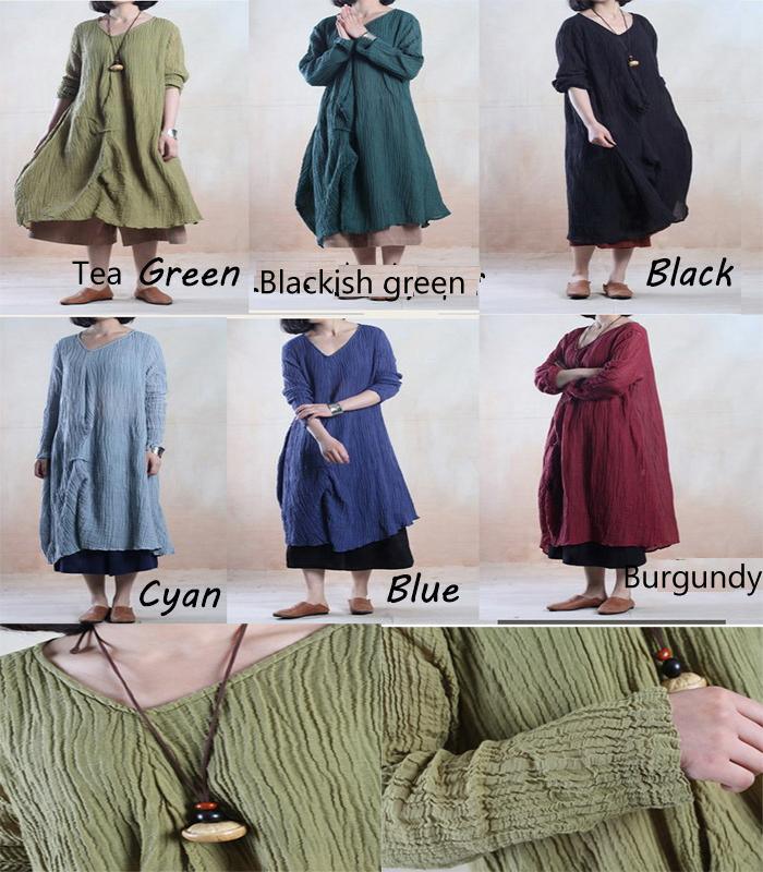 Crinkle Linen V-Neck Long Sleeve Kaftan Maxi Dress - View 4
