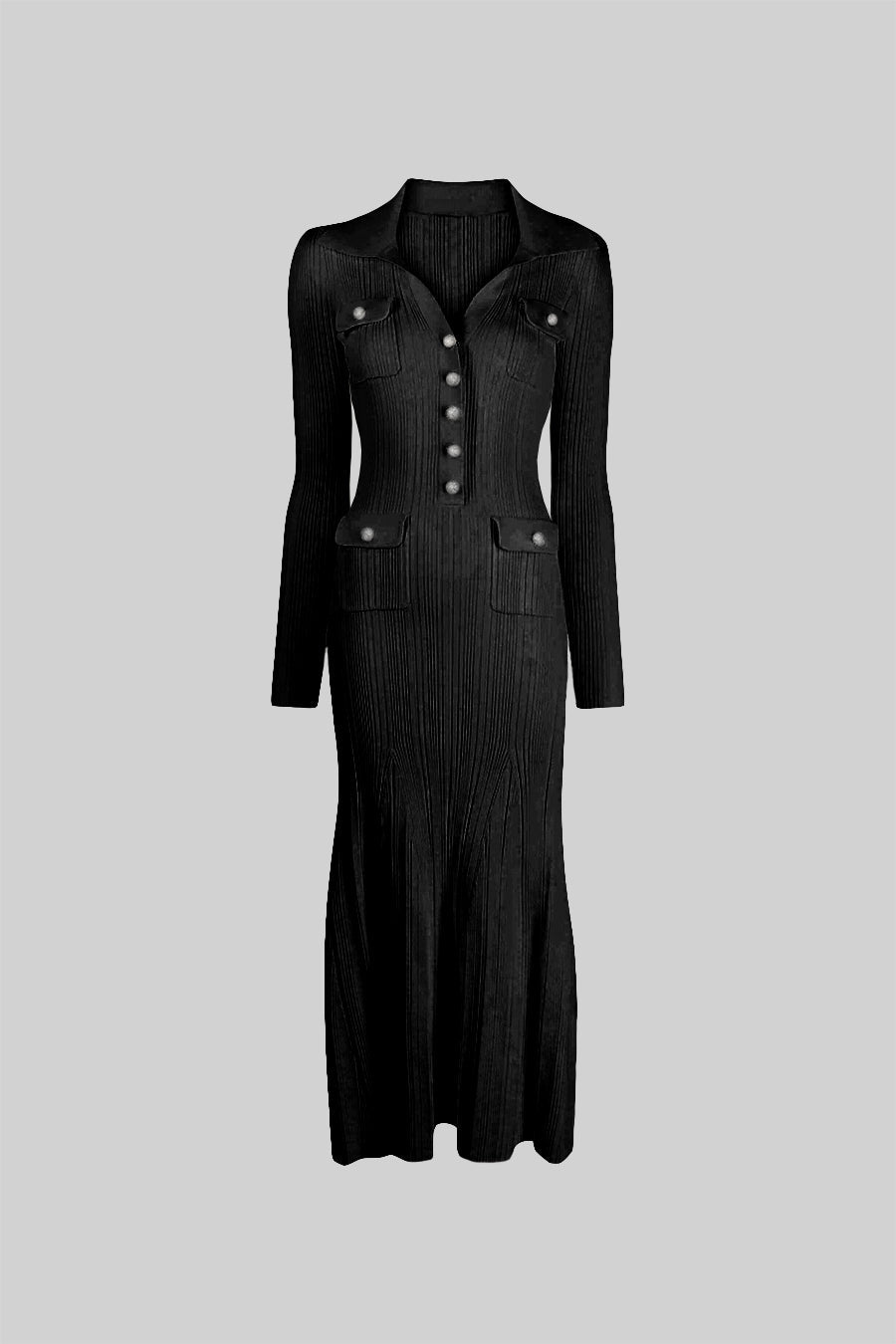 Ribbed Knit Polo Collar V-Neck Jewel Button Flap Pocket Mermaid Hem Midi Dress - View 2