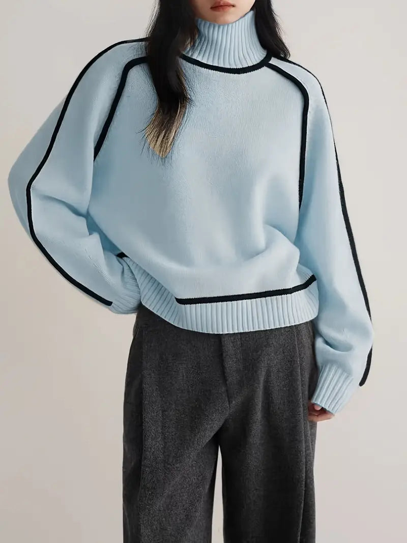 Turtleneck Contrast Piping Long Sleeve Knit Sweater 10