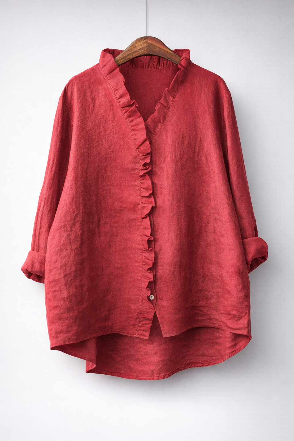 V-Neck Ruffle Placket Roll Sleeve Linen Shirt 5
