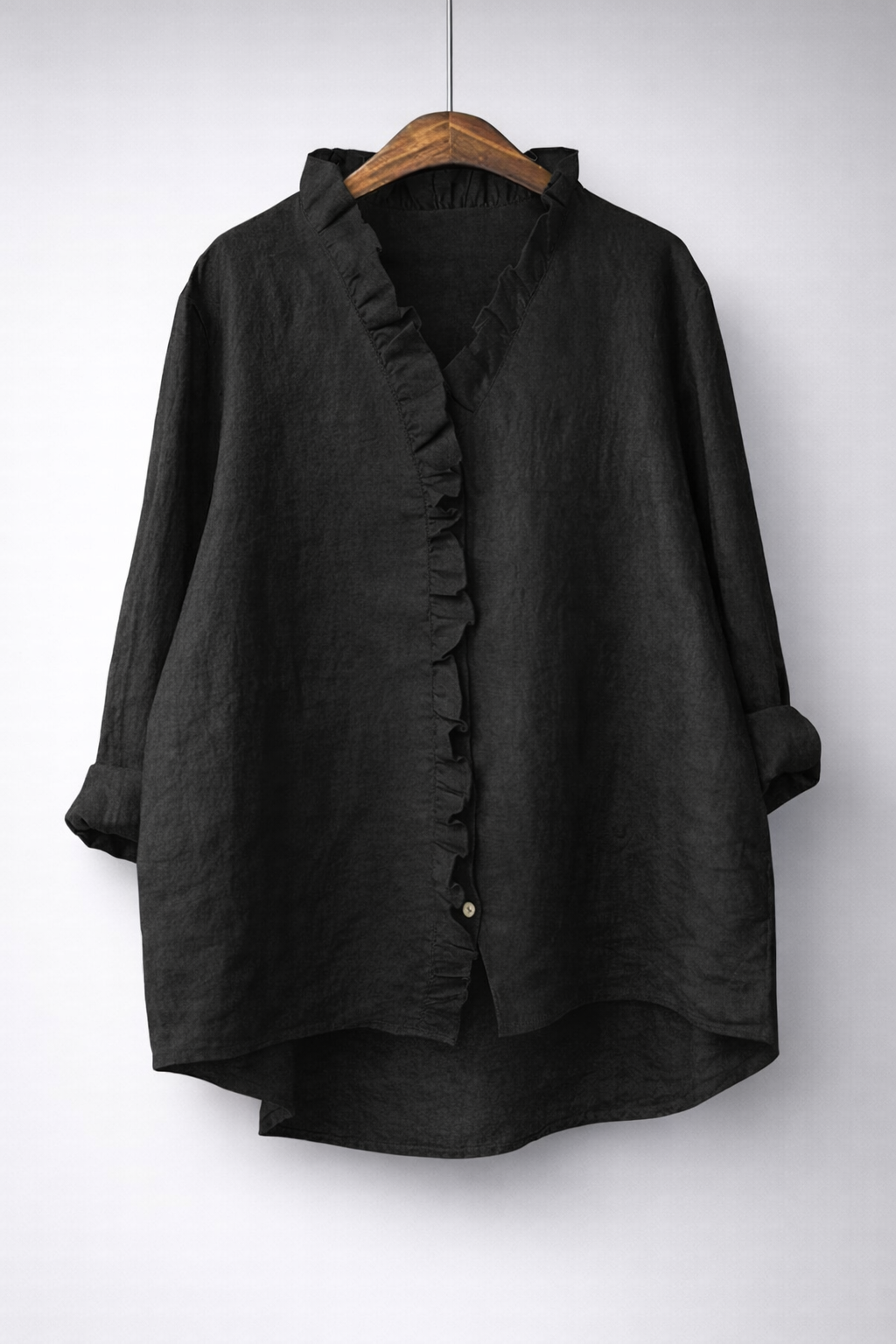V-Neck Ruffle Placket Roll Sleeve Linen Shirt 7