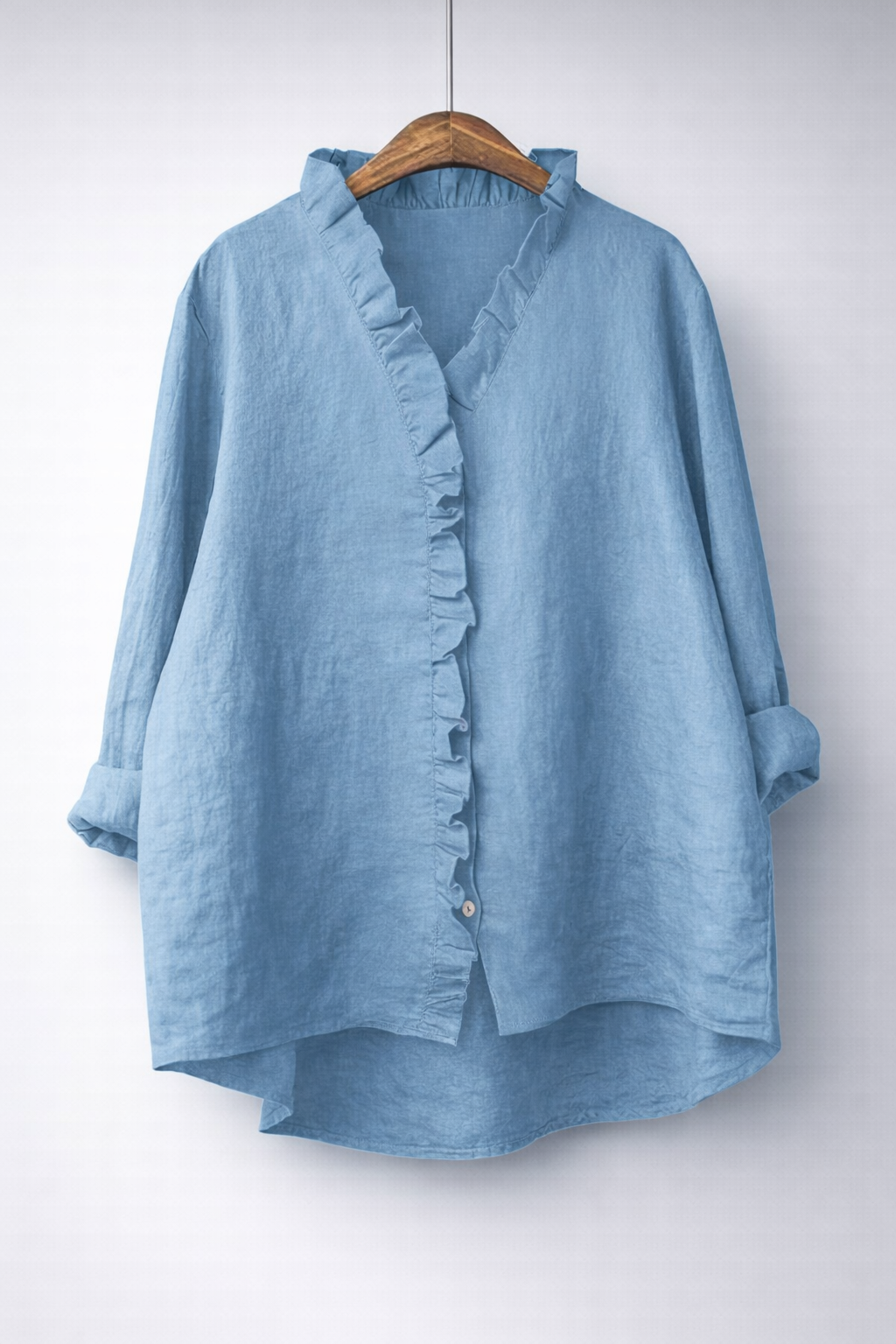 V-Neck Ruffle Placket Roll Sleeve Linen Shirt 8