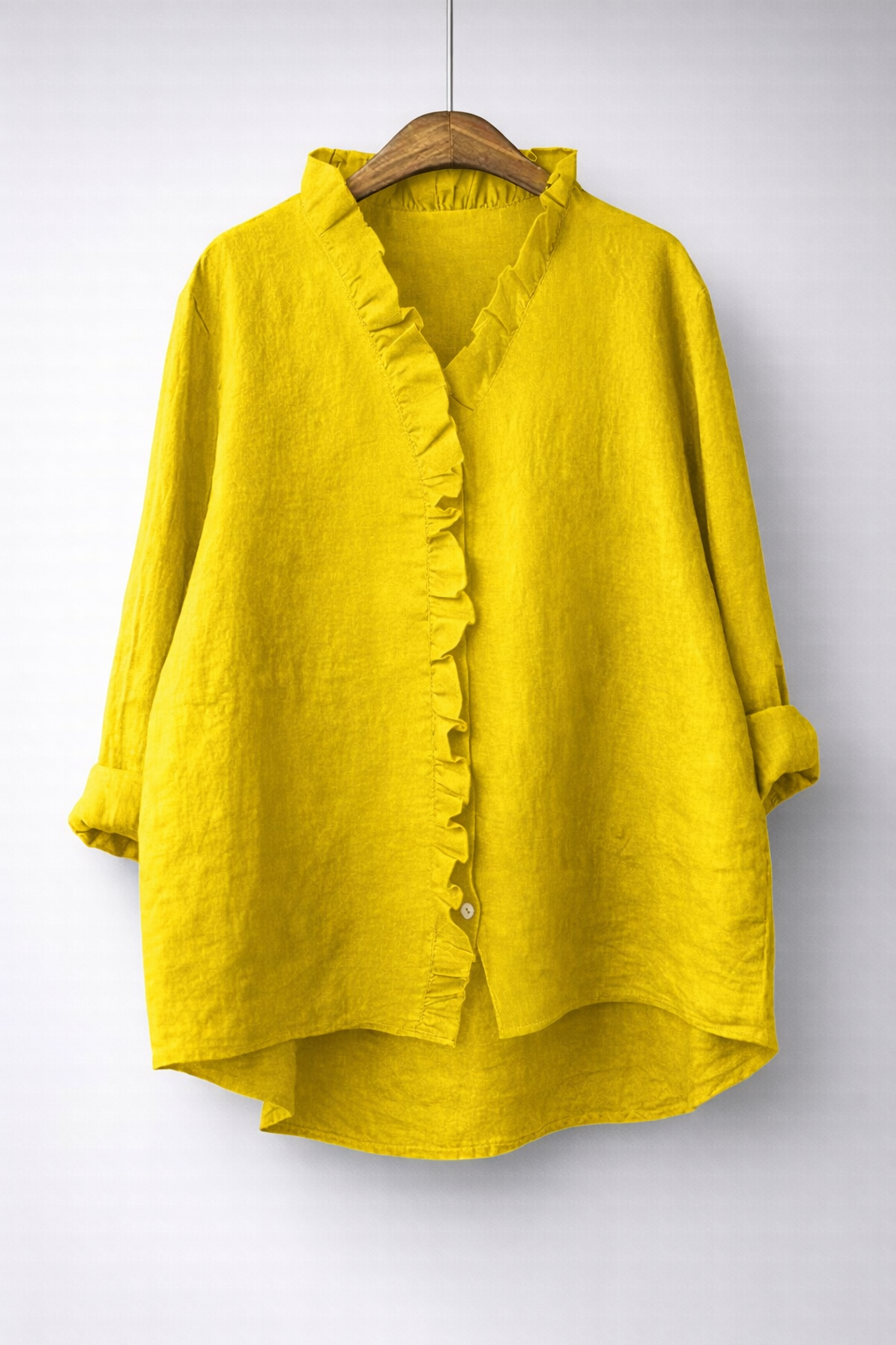 V-Neck Ruffle Placket Roll Sleeve Linen Shirt 10