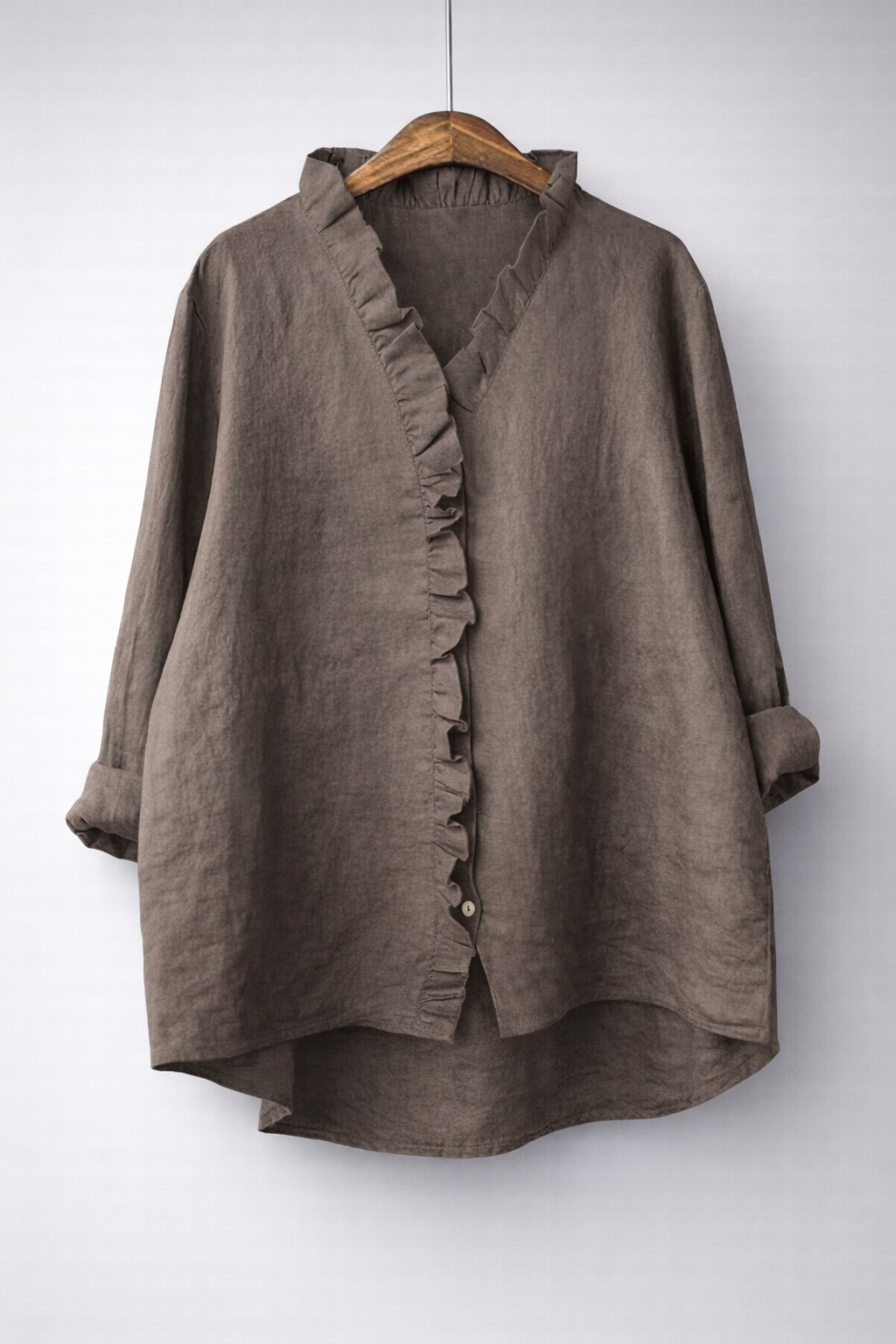V-Neck Ruffle Placket Roll Sleeve Linen Shirt 9