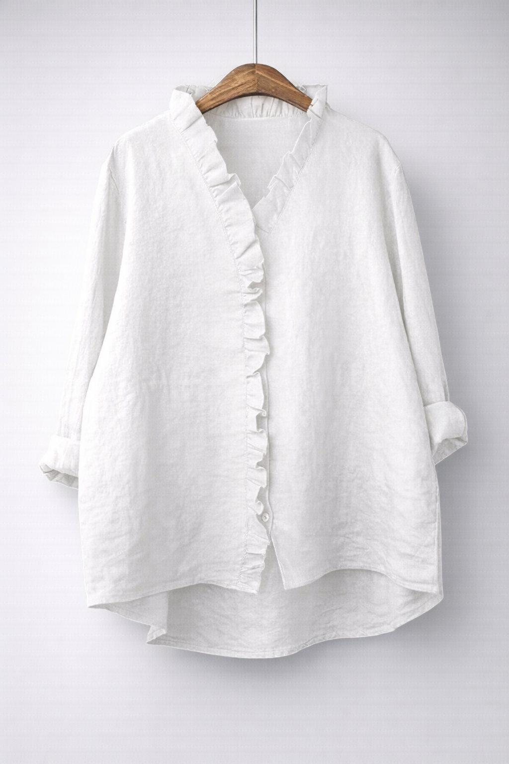V-Neck Ruffle Placket Roll Sleeve Linen Shirt 6