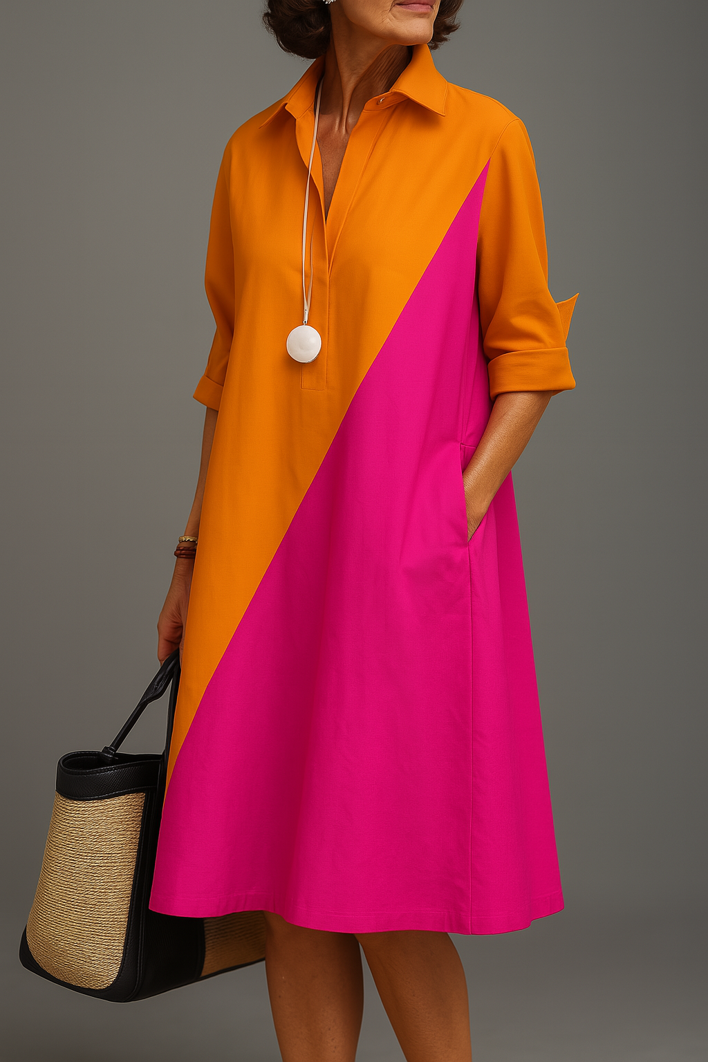 Color Block Collared Three Quarter Sleeve A-Line Midi Shirt Dress