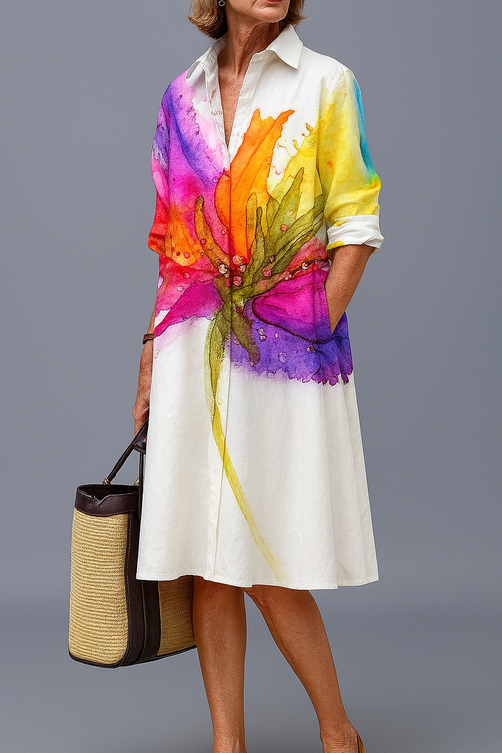 Watercolor Floral Print Button Front Midi Shirt Dress